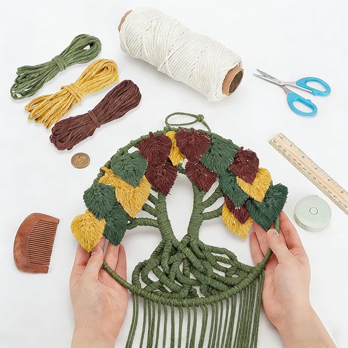 ORIGACH DIY Macrame Tree of Life Wall Hanging Kit Handmade Boho Leaves Tapestry Macrame Kit for Beginner Adults with Step by Step Instruction Macrame Wall Decor for Living Room, Dark Green