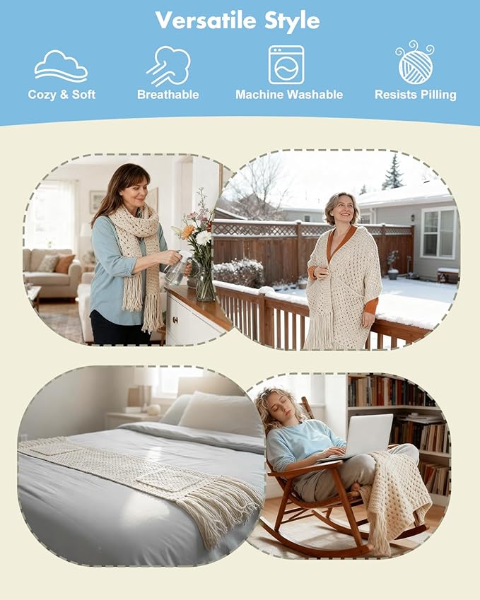 Arborthread Crochet Kit for Beginners, Easy Pocket Shawl & Scarf Crochet Kit for Adults w/Ample Premium Yarn to Fit Different Sizes, Step-by-Step Video & Instructions, Light Khaki