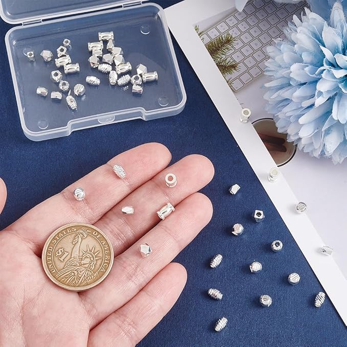 PH PandaHall 50pcs 5 Styles 925 Sterling Silver Plated Spacer Beads, 4~6mm Brass Loose Bead Round Faceted Spacers Cylinder Stackable Spacers for Bracelets Necklaces Jewelry Making DIY Beading Crafts