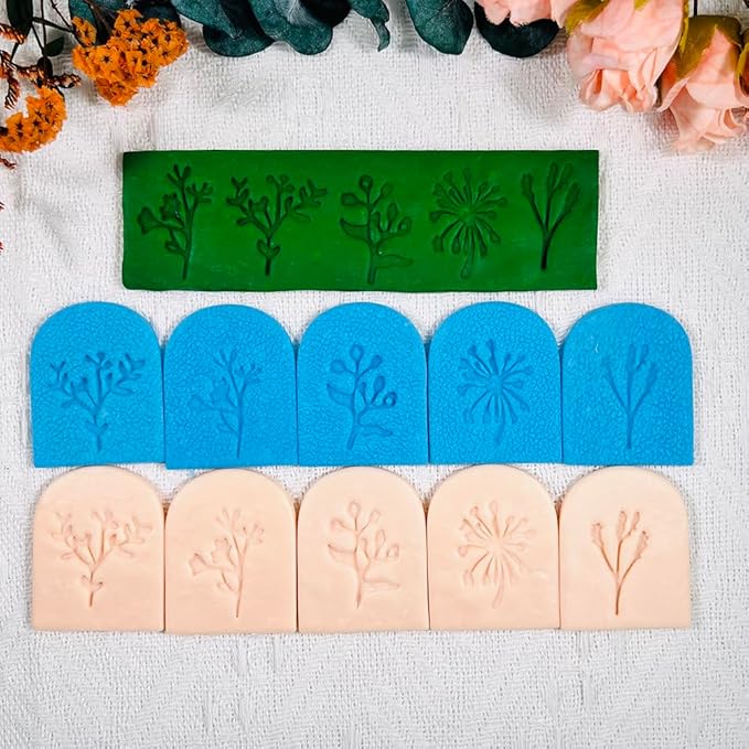 Xaekicr Polymer Clay Molds – 5PCS Botanical Texture Stamps with Flower & Leaf Patterns, Clay Cutters and Tools for Polymer Clay Jewelry and DIY Earring Crafts