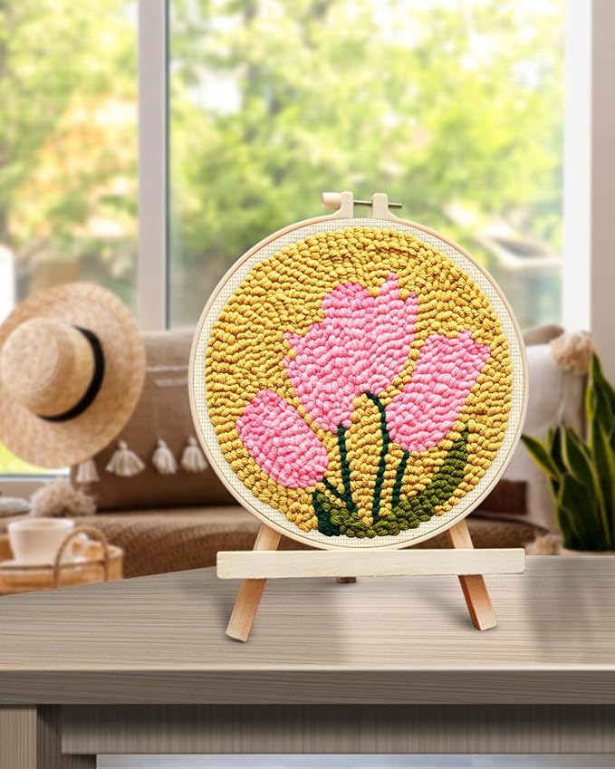 TINDTOP Punch Needle Embroidery Kits, Tulip Punch Needle Kits for Adults Beginner, Tool with Punch Needle Fabric, Hoops, Yarns and Sewing Needles