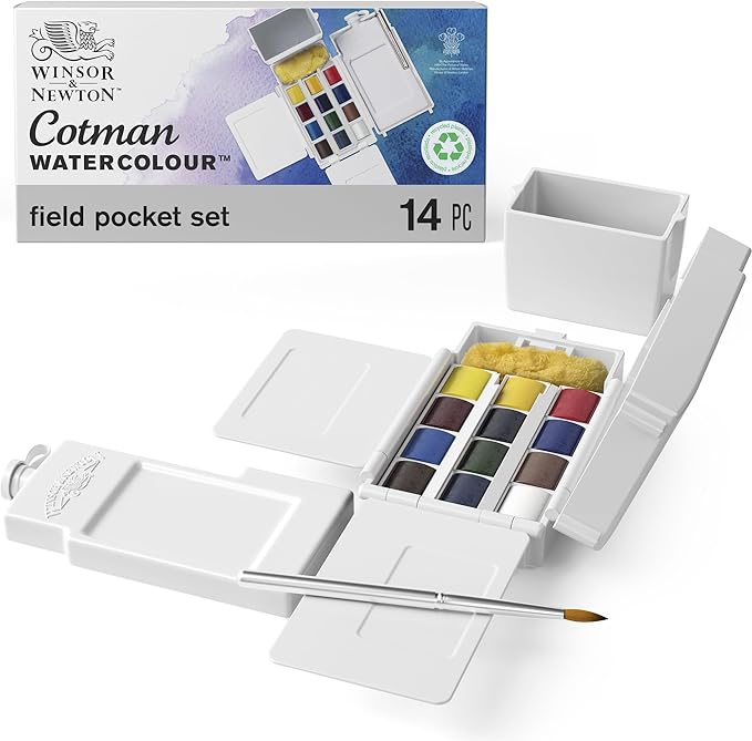 Winsor & Newton Cotman Watercolor Paint Set, Field Pocket Set, 12 Half Pan w/ Brush, Sponge, Bottle