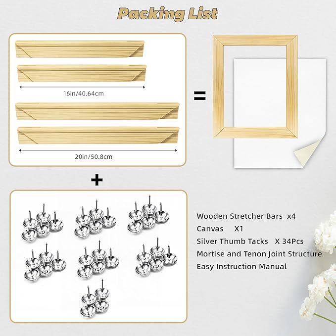 16x20 inch Stretcher Bars for Canvas Painting, Premium Wooden Frame Strips, Easy to Assemble Canvas Frame Kit, Ready-to-Hang Gallery Wall Art for Home Decor, DIY, Paint By Number