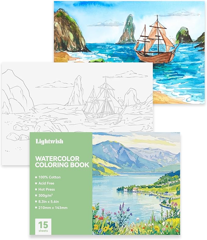 Lightwish Watercolor Coloring Book for Adults & Beginners,100% Cotton 300gsm/140lb Acid-Free Hot Press Paper, 8.3 x 5.6 Inches,15 Sheets,Landscape-Themed