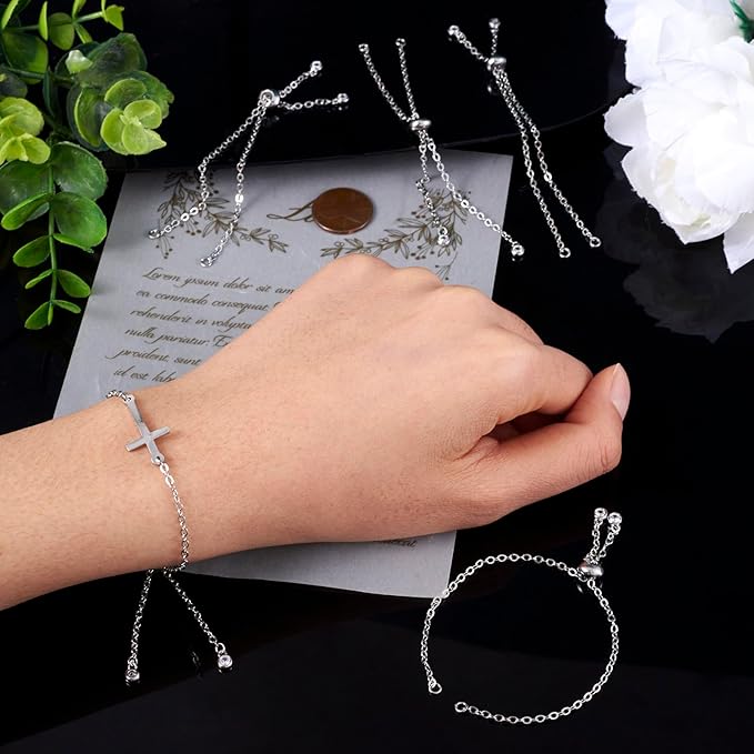 FASHEWELRY 10Pcs Adjustable Slider Bracelet Platinum Cable Chains Bracelet Slider Extender Chains with Cubic Zirconia Ends for Woman Jewelry Making, 7.87 Inch Long