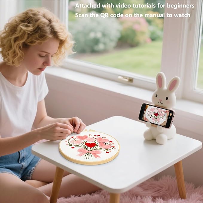 Heart Flower Embroidery Kits for Beginners Adults, Pink Embroidery Starter Kits, Counted Cross Stitch Kits for Adults Anniversary Valentine's Day Gift, Embroidery Hoops, Fabric Thread & Video Tutorial