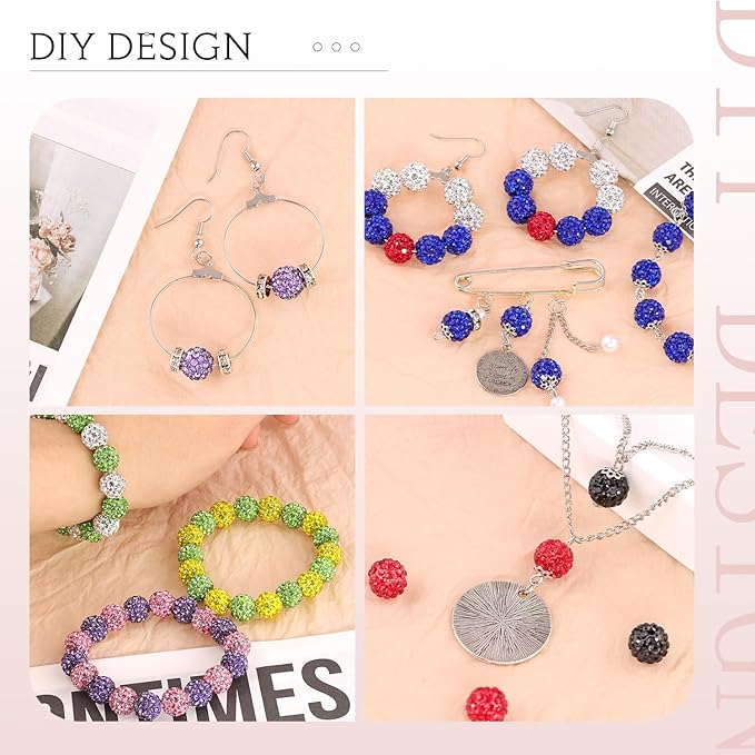 100 pcs 10mm Rhinestone Beads for Jewelry Making, 10 Mixed Colors Shiny Round Shamballa Disco Beads, Sparkle Crystal Clay Christmas for Bracelet Baseball Necklace Earring Crafting and DIY