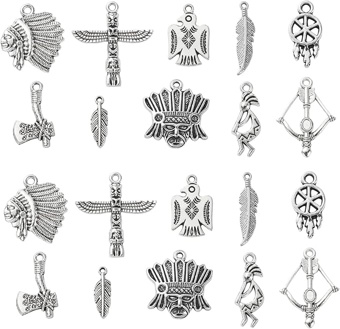 DanLingJewelry 100Pcs 10 Styles Indian Theme Charms - Indian Chief, Thunderbird, Axe, Feather for DIY Necklace & Bracelet Crafting