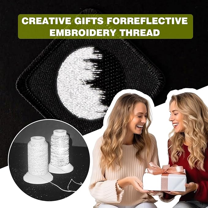 High-Visibility Reflective Embroidery Thread Kit Improved Night Safety, 2X200M(218Yds) Each Spool Polyester Sewing Machine Thread Suitable for Hand Embroidery, Sewing, Quilting (Black&Gray)