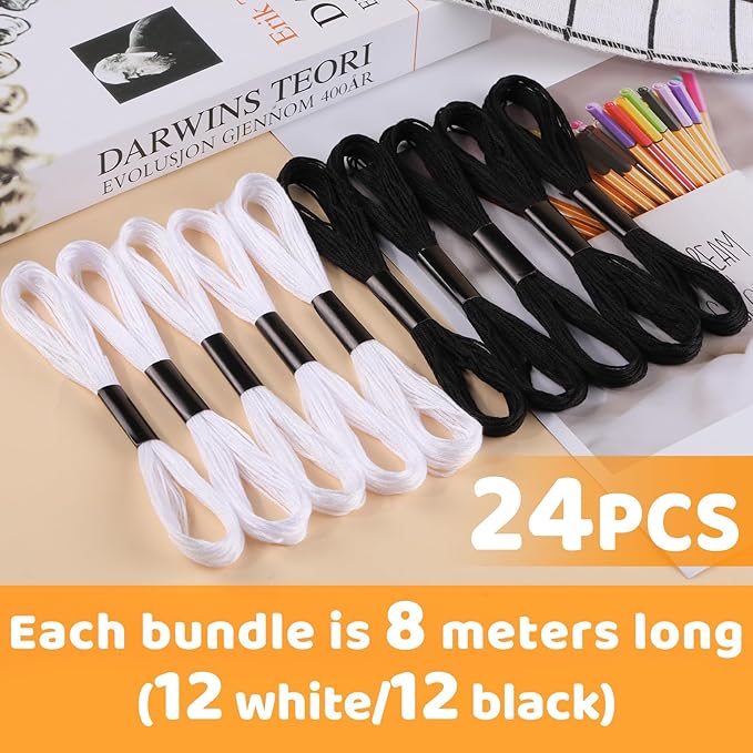 24 Skeins Embroidery Thread, Black and White Series Embroidery Floss, Cotton Embroidery Thread Floss Bracelet Yarn Set with Plastic Floss Bobbins for DIY Jewelry Making Craft