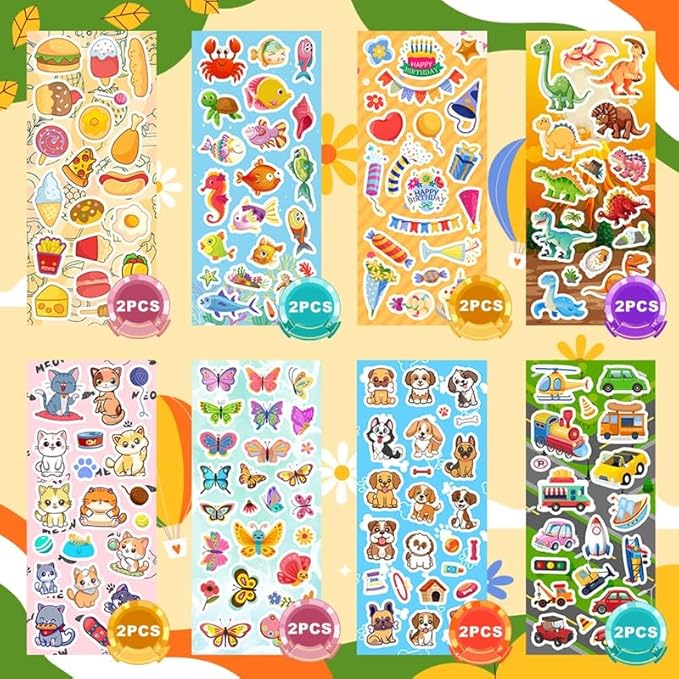 48 sheets stickers for kids, cute stickers variety pack for scrapbooking, teachers classroom prizes, goodie bag stuffers including animals, cars, dinosaurs, fishes, hearts, stars and more