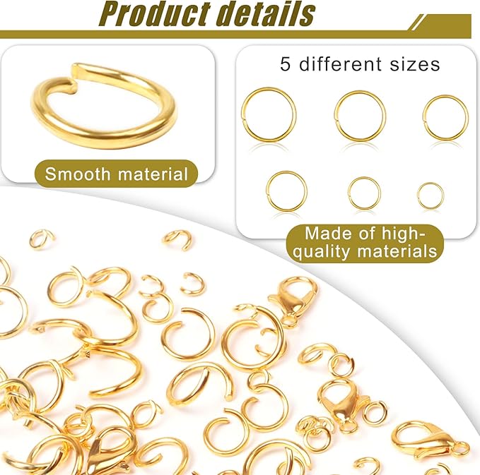 Jump Rings for Jewelry Making Kit, 1500 pcs Jewelry Repair Kit for Necklace Bracelet, Lobster Clasps and Closures Repair Supplies Kit with Pliers Tweezers-Gold