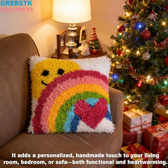 GREBSTK Latch Hook Kit DIY Throw Pillow Cover Sofa Cushion Cover Sun & Rainbow Pattern Paint Cross Stitch 16X16 inch
