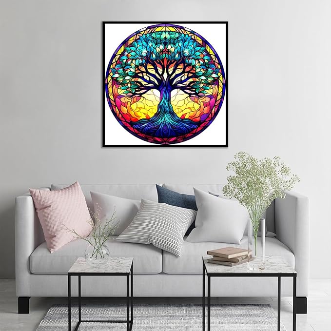 Meothan 5D Stained Glass Diamond Painting Kits for Adults, Tree of Life Diamond Art Kits for Adults Beginners, Tree Diamond Painting Full Round Drill Crafts Kit for Home Wall Decor Gift 12x12in