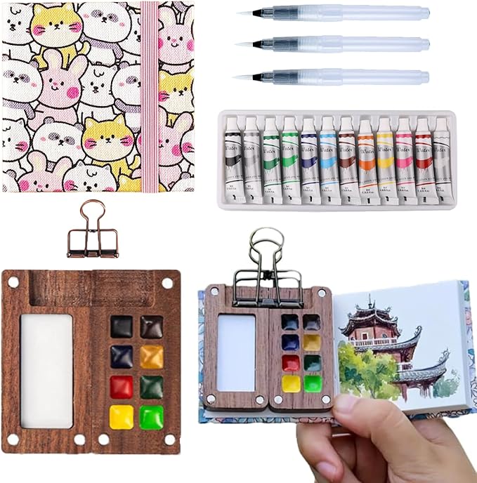 Aimery Mini Watercolor Paint Travel Set, Portable Small Miniature Pocket Water Color Painting Kit with Wooden Palette & Sketchbook(Adorable Animals)