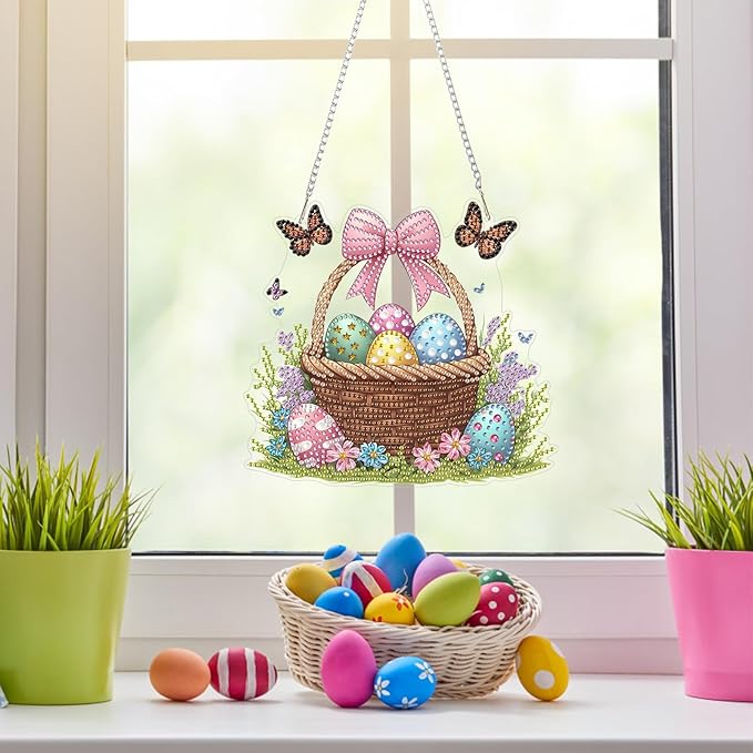 NAIMOER Easter Egg Basket Diamond Art Hanging Kits for Adults, 5D Special Shaped Rhinestone, DIY Acrylic Spring Diamond Art Painting Window Pendants Home Garden Wall Hanging Ornament Kits