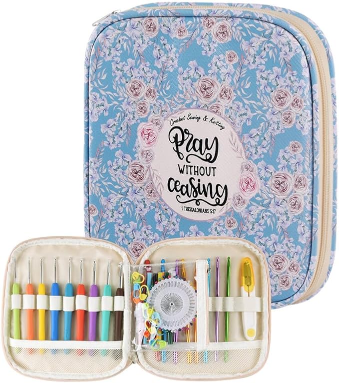 Crochet Hook Case,Portable Zipper Storage Organizer Bag for Crochet Hooks, Knitting Needles, Project & Sewing Supplies, Lightweight,Easy to Hold (No Accessories Included).Sky Blue Rose