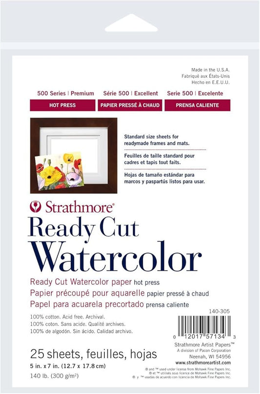 Strathmore Ready Cut Watercolor Sheets - 5'' x 7'', Hot Press, 25 Sheets