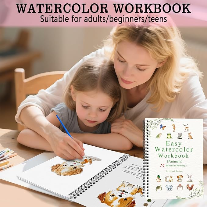 SLWBZ Watercolor Workbook Animals, 15 Different Patterns of Original DIY Designs, Beginner-Friendly Watercolor Workbooks, (Animals, Without Palette)