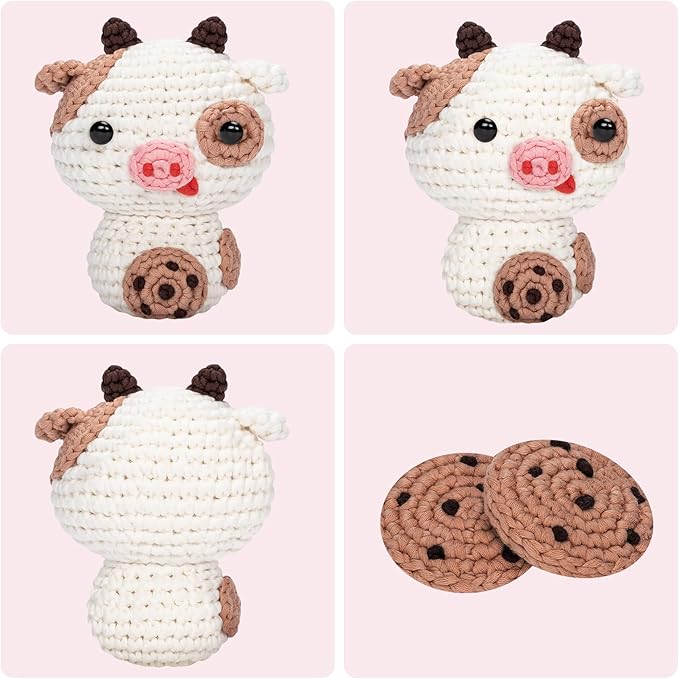 Mewaii Crochet Kit for Beginners Level 2 with 40% Extra Eco-Friendly Pre-Started Easy Yarn, Step-by-Step Video Tutorials for Adults and Kids (Cookie Cow)