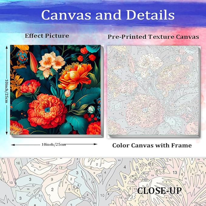 JUJUHOOD Tropical Flowers Framed Paint by Numbers Kit for Adults Beginner & Kids Ages 8-12,Red Flower Paint by Number Without Easel, Acylic Paint by Numbers for Gift Home Wall Decor (10x10Inch)