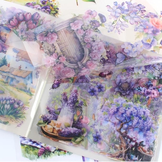 30 Sheets Precut Purple Garden Landscape Stickers Book for Junk Journal Supplies, Transparent PET Stickers for Journaling, Scrapbooking, Bujo, Collage, Card Making