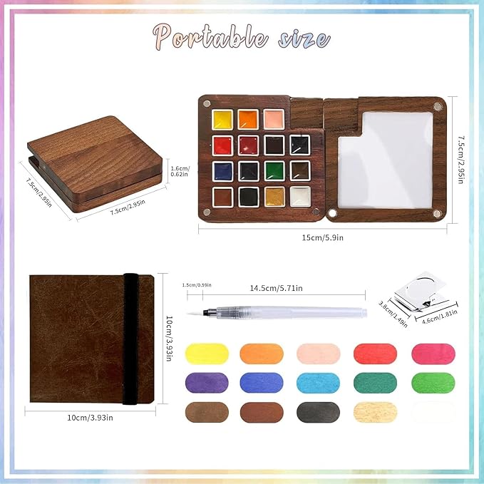 Mini Paint Palette Travel Kit - Mini Travel Watercolor Palette Set, Pocket Artist Water Color Travel Set with Colours, Watercolor Book, Binder Clips, Pens,Wooden Paint Box for Painters Artists Student
