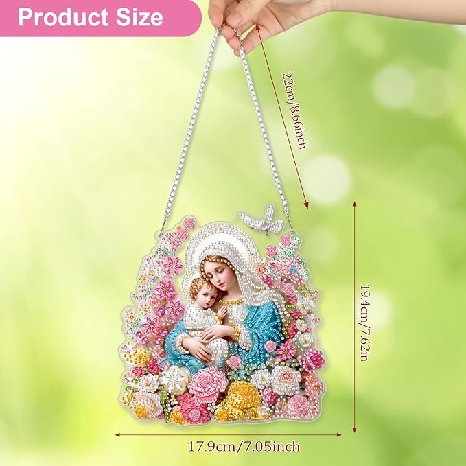CEOVR Virgin Mary Hanging Diamond Art Kits for Adults, Nativity Special Shape Religious Diamond Painting DIY Gem Art, Windows Pendant with Chain, Acrylic Home Garden Decor, Box Kit 7.05x7.62In