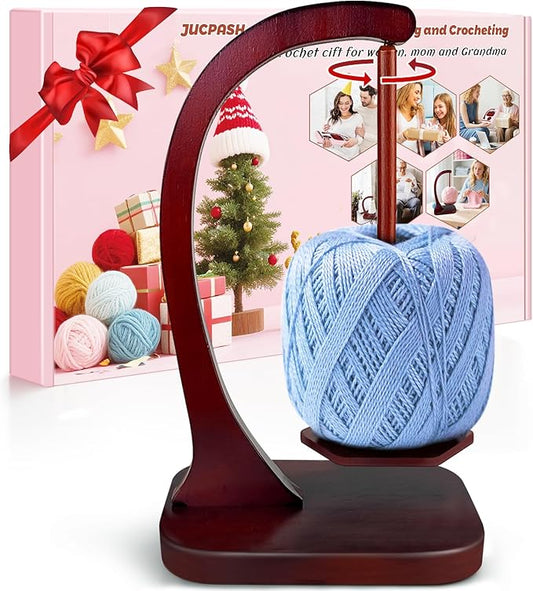 JUCPASH Yarn Holder for Crocheting and Knitting, Wooden Yarn Spinner with Magnetic Rotating Mechanism and Anti-Slip Pads, Crochet Accessories Birthday Gifts for Women Mom Wife Grandma Mother (Brown)