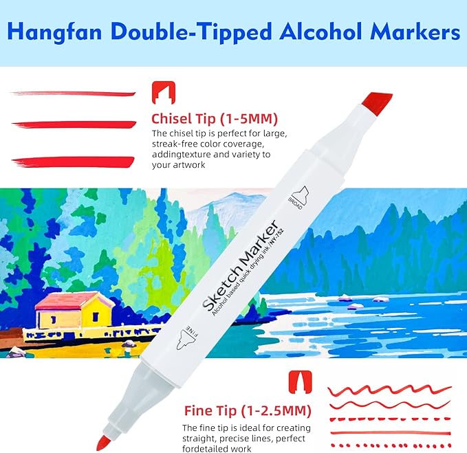 80 color liquor base mark, double pointed (chisel and fine) permanent painting mark, suitable for adult coloring books, sketches, illustrations, with transparent box