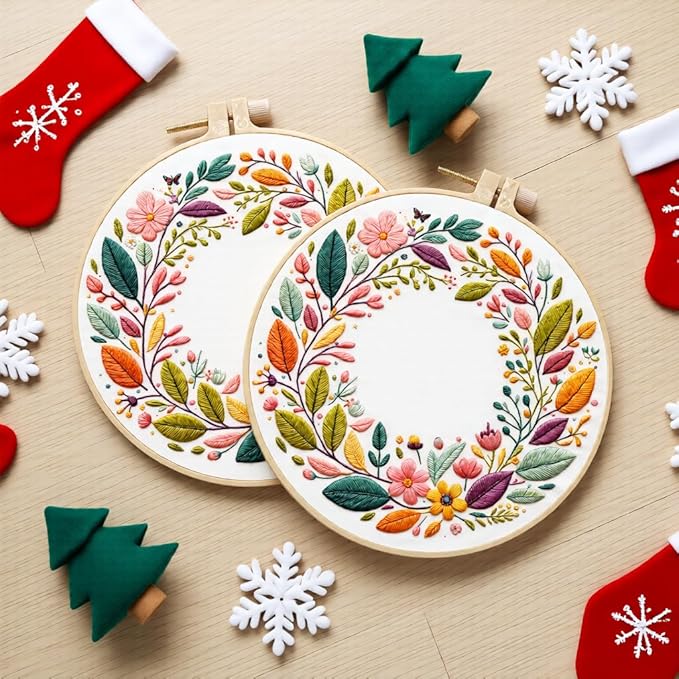 JJFox Embroidery Kit for Beginners and Adults, DIY Hand Embroidery Starter Kit with Cute Pattern, Cross Stitch Needlepoint Set with Hoop, Threads and Instructions (Wreath)