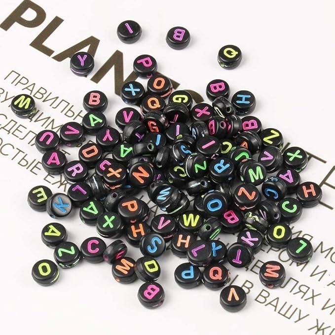 Acrylic Letter Beads Alphabet Polished Colorful Letters Black Round Bead, 4×7mm 1200pcs, for Friendship Bracelet Jewelry Making Kit