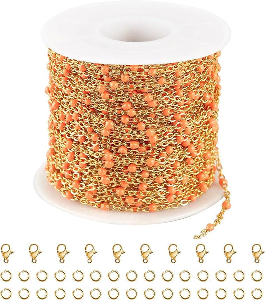 UMAOKANG 33 Feet Gold Plated Jewelry Making Chain Stainless Steel Cable Link Chains Bulk Orange Enamel Bead Decorative Craft Chain Roll