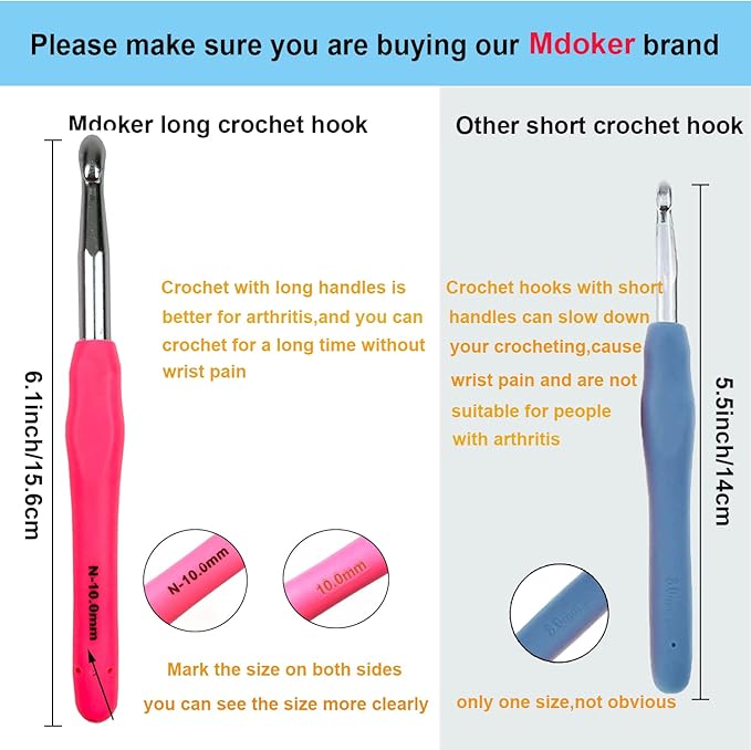 Mdoker Extra Long Crochet Hooks,Large Size L/11(8.0mm) Crochet Needles,Ergonomic Grip Soft Handles for Handmade DIY Crocheting,Perfect for Arthritic Hands