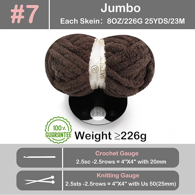 Chunky Yarn for Hand Knitting, Chunky Chenille Blanket Yarn for Crocheting, Bulky Soft Fluffy Chenille for Blanket Project, 8 Pack of 8oz/25yds, Dark Brown
