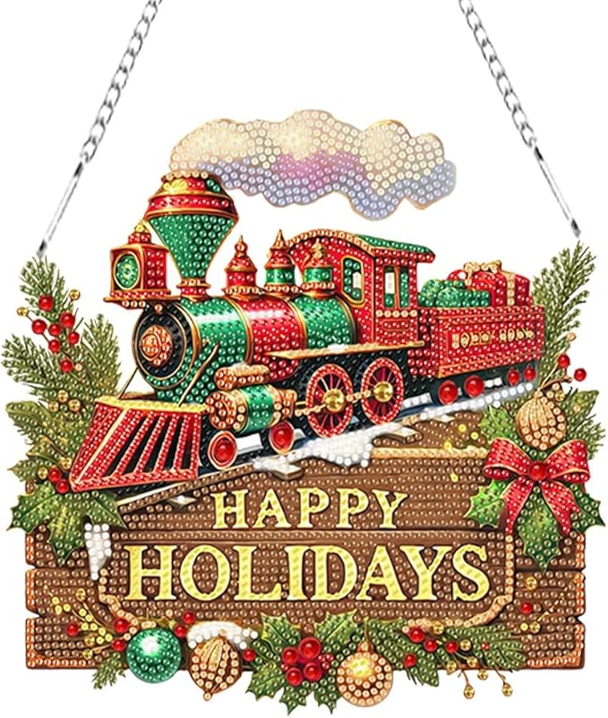 SHLUHA Diamond Art Kits for Adults Diamond Art Happy Holidays Design Special Shape Acrylic Hanging Pendant Crystal Mosaic Home Wall Door Window Decor with Chain Handmade Christmas Gift (LL072)