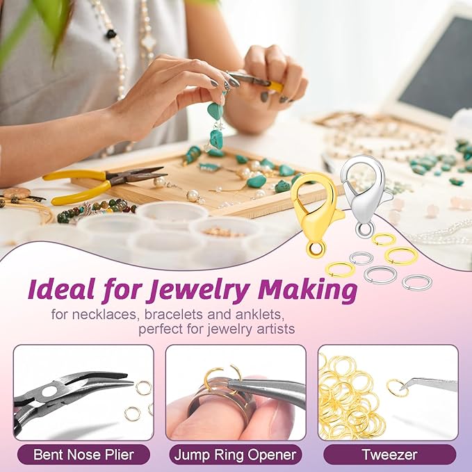 1200pcs Jump Rings for Jewelry Making Supplies, Necklace Repair Kit with Pliers and Jump Ring Opener, 12mm Lobster Clasp 5 Size Jump Ring for Jewelry Clasps and Closures (Silver and Gold)