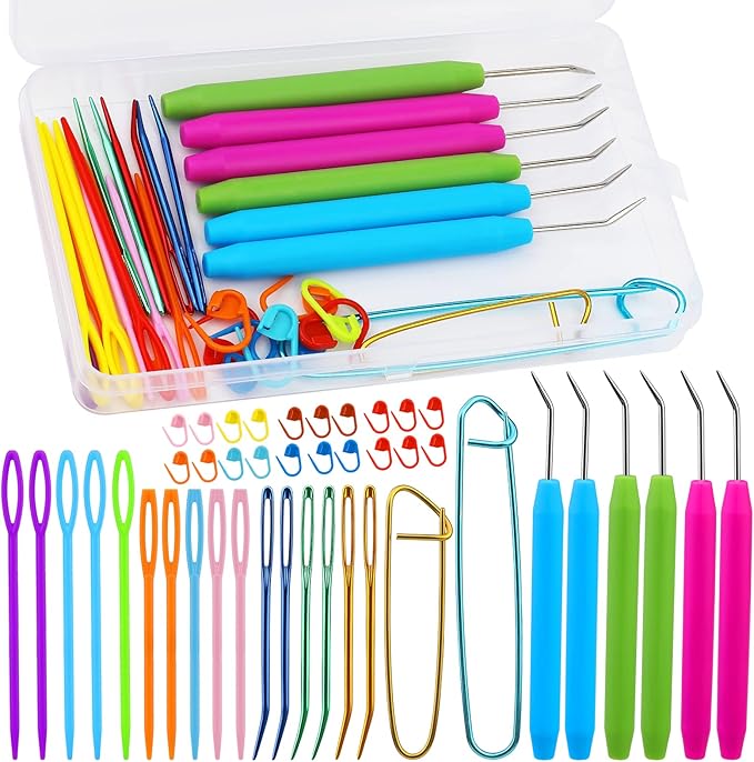 FTEVEN 45 Pieces Knitting Loom Hooks Set, Colorful Large Eye Bent Tapestry Needles, Plastic Large Eye Needles, Knitting Loom Needles with Knitting Needle Markings for DIY Handicrafts