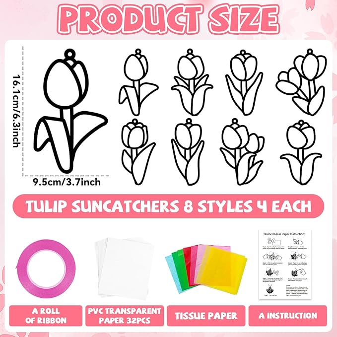 Lonfliness 32 Sets Spring Tulip Suncatchers Craft Kit DIY Window Stained Glass Effect Colorful Tulip Paper Crafts Home School Classroom Decoration Birthday Gift Creative Art Project & Activity Game