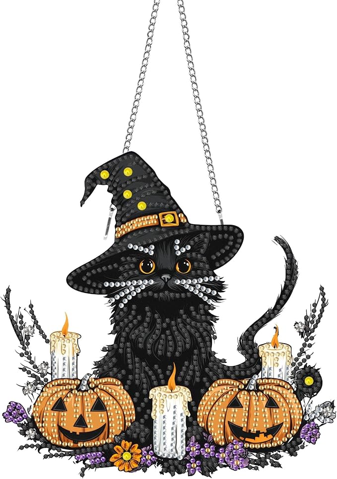 Pavemlo Hanging Diamond Art Kits for Adults Halloween Cat – 8x8 Inch Double-Sided Acrylic Board DIY Crystal Diamond Suncatcher Pendant, Sparkling Home Wall or Window Decoration Handmade Gift