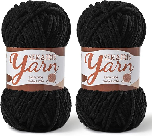 2 Pack Fluffy Velvet Yarn for Crocheting，Baby Blanket Yarn for Crocheting Soft，100g(131yds) Amigurumi Yarns，Plush Chenille Crochet Yarns，Puzzle Yarn for Crochet Weaving Craft(2 Black)