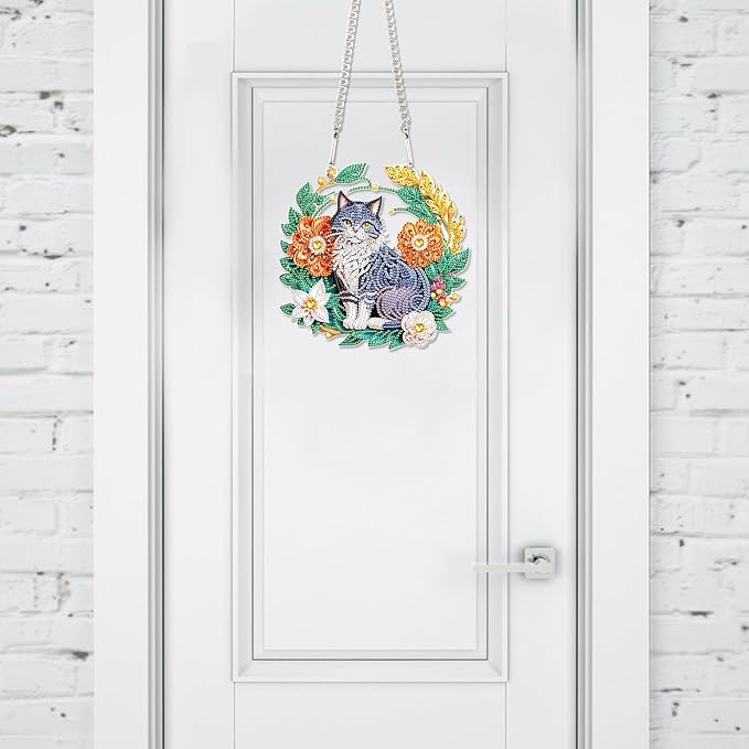 Flower Birdcage Design DIY Diamond Art Painting Wreath Kits Special Shaped Rhinestone Diamond Art Window Pendants Home Garden Wall Hanging Kits (Single Side Point Drill) (#11-Cat) (#13-Cat)