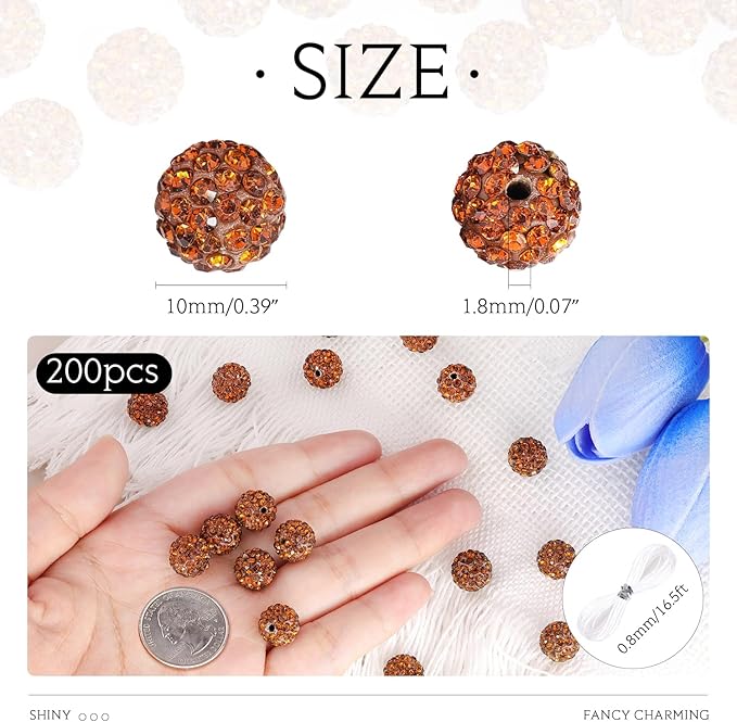 200 pcs brown rhinestone beads for jewelry making, sparkle crystal clay christmas for bracelet baseball necklace earring crafting and diy, shiny round shamballa disco ball beads bulk