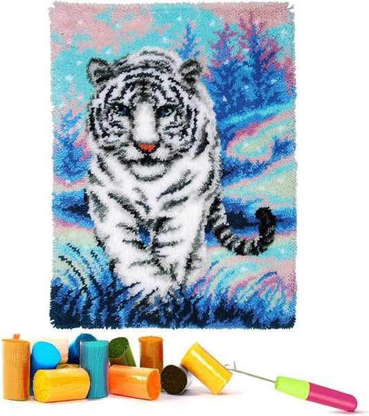 EMISTEM Latch Hook Kits for Adults - DIY Latch Hook Rug Kits, Crochet Kit for Beginners, Rug Making Kits with Printed Canvas, Gift Packaging.(White Tiger Walking on Snow, 20x15)