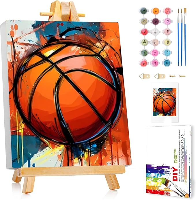 Reivworl Paint by Numbers Kit for Kids - with Frame and Easel, Basketball Paint by Number Kids Age 6-8-12 Boys Girls, Paint by Numbers for Gifts and Decor (9.5X12Inch)