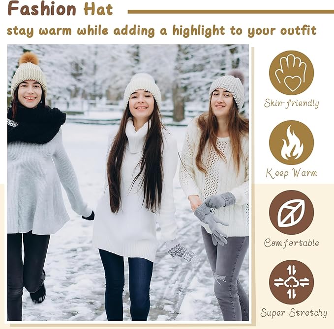 Syhood Knitting Kits for Beginners Adults Hat Knit Kit with Yarn, Bamboo Needles, Faux Pom Practical and Easy to Use Complete Beginners for Women and Men Lovely Present(White, Khaki White, Khaki)