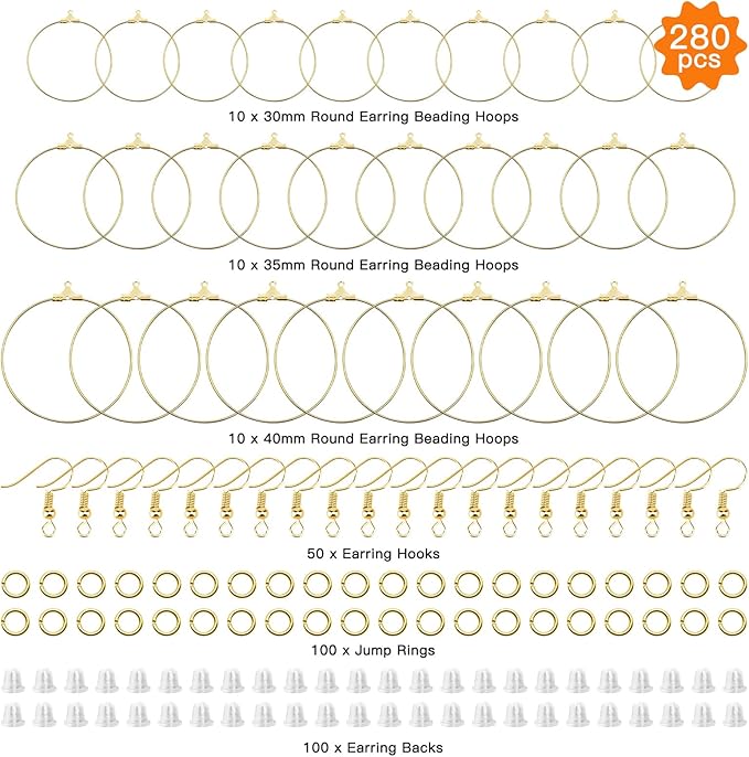 280pcs earring making kit jewelry making supplies bulk earring findings with round beading hoops,earring hooks,jump rings,earring backs for diy craft earring jewelry making(k gold)