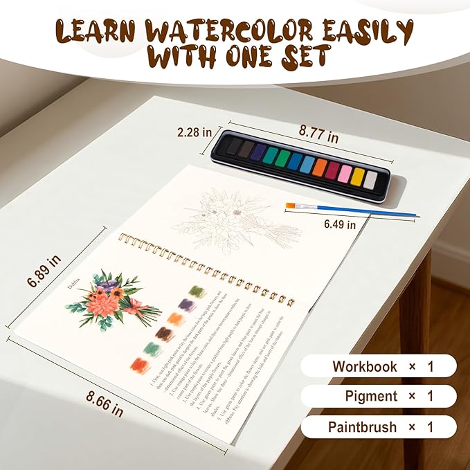 Watercolor Workbook for Adults, Beginner Friendly Watercolor Painting Kit Bouquet Water Coloring Book, Nature-Themed Practice Art Gift Water Color Paint Book with Palette and Brush