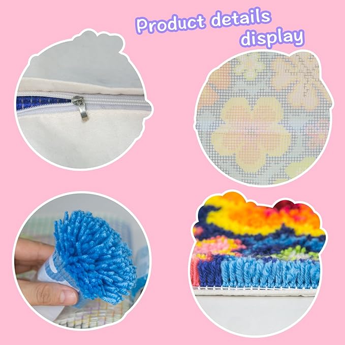 LAPATAIN Latch Hook Kits for DIY Throw Pillow Cover,Colorful Flowers Pattern Needlework Cushion Cover Hand Craft Crochet for Great Family 17x17inch