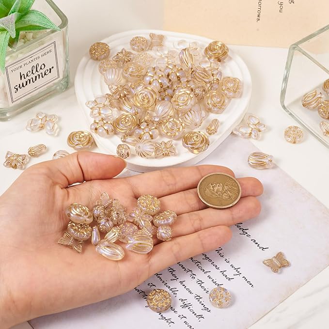 FASHEWELRY 96Pcs Clear Acrylic Pony Beads Cute Butterfly Beads Flower Kawaii Beads Assorted Aesthetic Beads Bulk for Bracelets Necklaces Wedding Bridal Jewelry Making